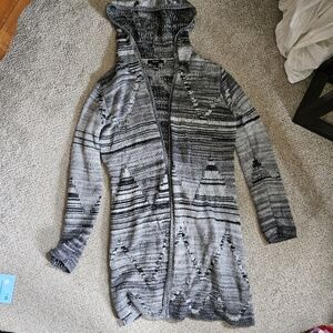 Forever 21 Gray Hooded Cardigan with Geometric Pattern Medium